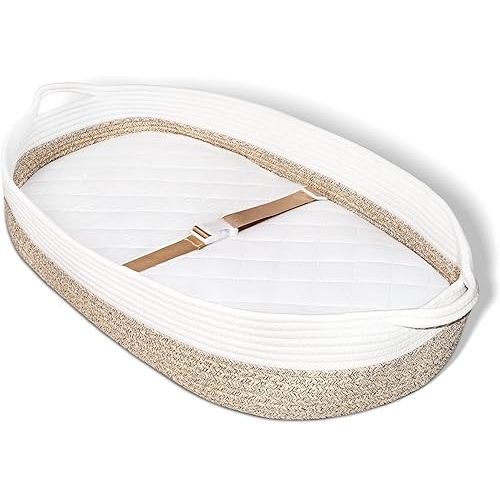 Baby Changing Basket with Diaper Changing Pad, Breathable & Waterproof Dual-Cover Foldable Portable Travel Cotton Rope Baby Changing Mat for Dresser & Table Gift for Baby Shower