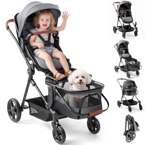 MOMFANN Wagon Stroller for Baby & Pet, 3-in-1 Mode, 50lbs Capacity | UPF 50+ Canopy, 5-Point Harness, Detachable & Foldable Pet Basket & Infant Seat, Easy-Clean Material & Large Storage Basket
