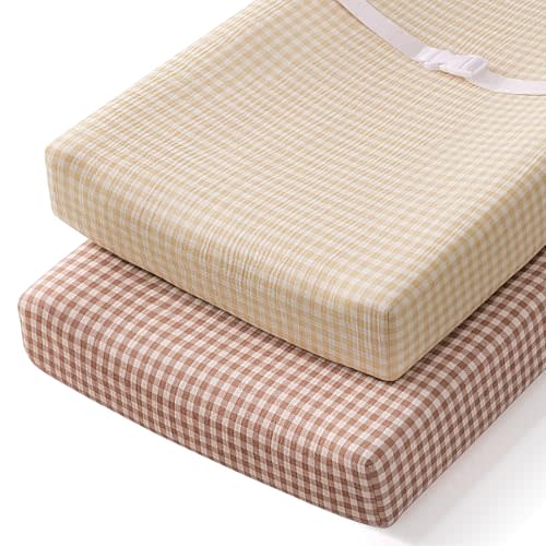 Blissful Diary Muslin Changing Pad Cover for Baby Girls Boys, Ultra Soft Breathable Cotton, Baby Diaper Change Table Pad Covers, 2Pack (Checkered Beige & Checkered Brown)