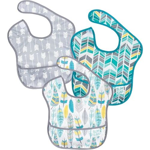 Bumkins Bibs for Girl or Boy, SuperBib Baby and Toddler for 6-24 Months, Essential Must Have for Eating, Feeding, Baby Led Weaning Supplies, Mess Saving Catch Food, 3-pk Feathers, Arrows and Quill