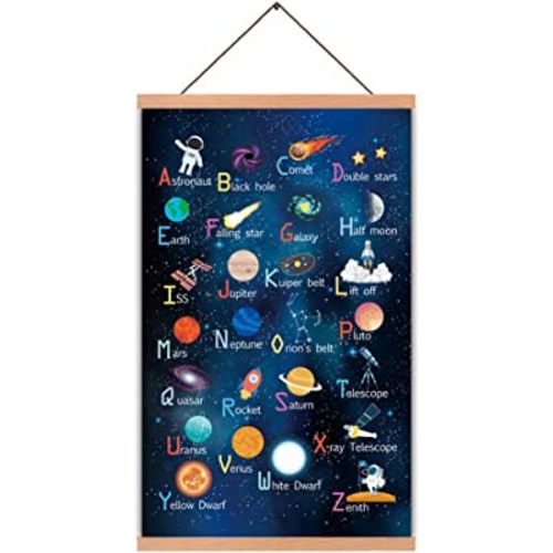 KAIRNE Outer Space Room Decor With Wood Magnetic Poster Hanger Framed ABC Alphabet Space Posters(28X45CM) Space Galaxy Themed Pictures For Boys Room Kids Space Room Nursery Classroom Decor