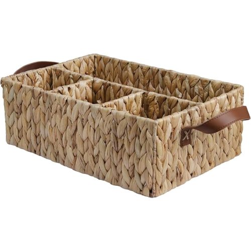 Storage Basket with Handles, Water Hyacinth Storage Baskets, Wicker Diaper Caddy, Basket with dividers, Countertop Organizer for Bathroom, Living Room, Home(15.75*11.03*5.52 inches)
