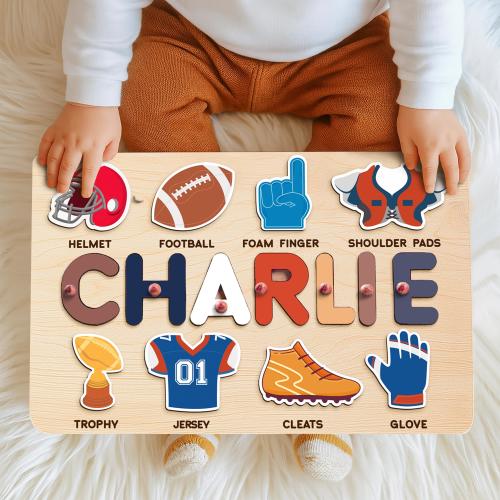 Personalized Football Name Puzzle, Baby Shower Gift, 1st Birthday Gift, American Football Toy, Baby Boy Gift, Wooden Nursery Decor