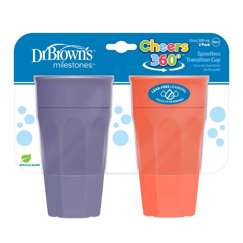 Dr. Brown's Milestones Cheers 360 Training Cup for Toddlers & Babies, Leak-Free Sippy Cup, Purple & Coral, 10 oz/300 mL, 9m+, 2 Pack