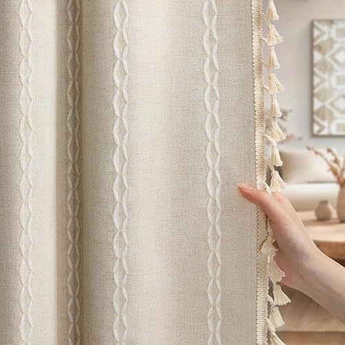 Boho Blackout Curtains 2 Panels 84 Inch for Living Room Bedroom, Beige Linen Texture Farmhouse Curtains with Tassels and Cotton Embroidery Vintage Rustic Western Rod Pocket