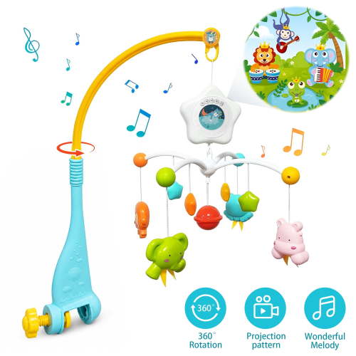 FVLOENG Crib Mobile with Music and Projection Light, Rotating Plastic Baby Crib Mobile Toy with 4 Hanging Animal Figures, Snap-On Infant Nursery Mobile for Crib Boys Girls