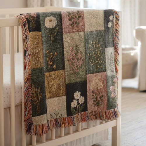 Farmhouse Patchwork Woven Blanket, Shabby Chic Cottagecore Wall Tapestry, Baby Girl Throw Grandmillenial Patchwork Farmhouse Decor