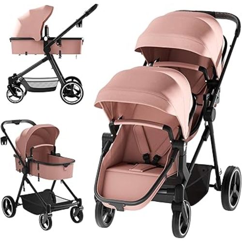 Double Stroller for Twins and Toddlers, Lightweight Aluminum Foldable Twin Stroller with Adjustable Backrest, Reversible Seat, 5-Point Harness, Storage Basket (Pink)