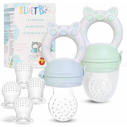 Bluet B- Baby Fruit Feeder Pacifier - BPA-Free Silicone Baby Food Feeder for Self-Feeding - Teething Relief - 4+ Months, 6 Silicone Nipples - 2 Pack Fresh Fruit Pacifier Frozen Teether - Blue & Green