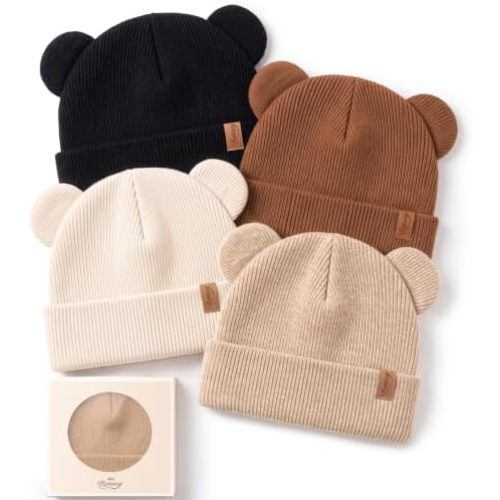 Konssy 4 Pack Baby Beanie with Bear Ear Warm Winter Hat for Newborn Infant