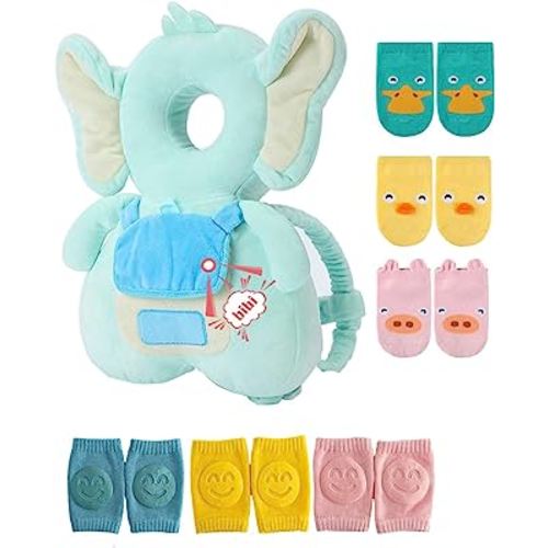 JunNeng Baby Head Protector Backpack with Squeaker, Knee Pads, Anti-Slip Socks, Light Blue Elephant Sets