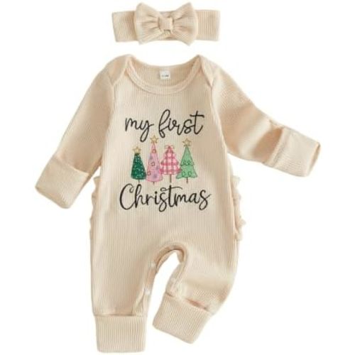 My First Christmas Baby Girl Outfit Long Sleeve Romper Bodysuit