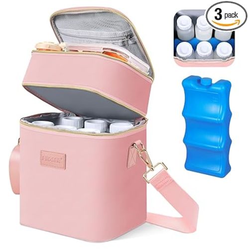 PIIOSER Breastmilk Cooler Bag with Ice Pack Fits 6 Baby Bottles Up to 9 Ounce, Insulated Baby Bottle Tote Bags, Double Layer Waterproof Leak-Proof with Shoulder Strap for Nursing & Working Mom (Pink)