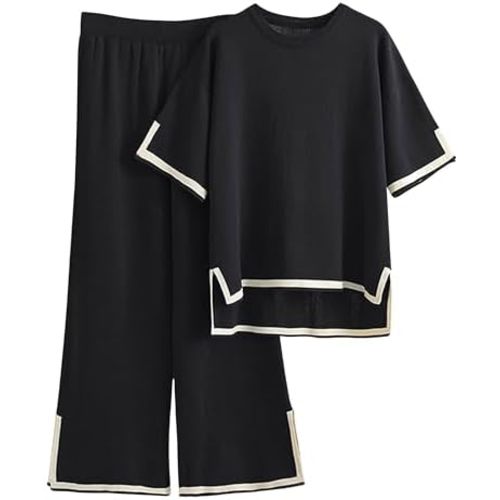 Tanming Sweater Sets Women 2 Piece Lounge Sets Short Sleeve Knit Pullover Tops Wide Leg Pants