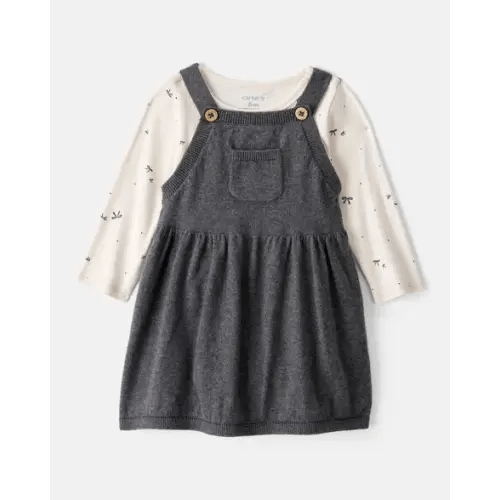 Baby Girl Bow Print Cotton Long-Sleeve Dress Set - Grey - Carter's | Carter's