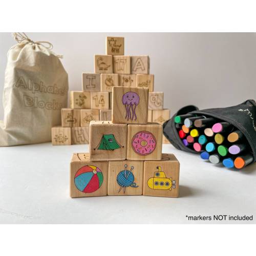 Alphabet Blocks | Color-Your-Own Alphabet Blocks | Wooden Alphabet Blocks | Kids Blocks | Engraved 6 Sides | Baby Shower Activity