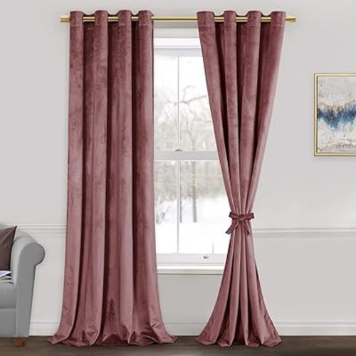 JIUZHEN Wild Rose Velvet Curtains 84 inches Long - Thermal Insualted Room Darkening Grommet Super Soft Velvet Textured Drapes for Living Room/Bedroom/Party, 52W x 84L, Set of 2 Panels