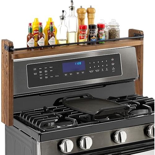 MyGift 33 Inch Stove Top Spice Rack - Deluxe Rustic Burnt Solid Wood and Industrial Black Metal Space Saving Over The Stovetop Range Storage Display Shelf