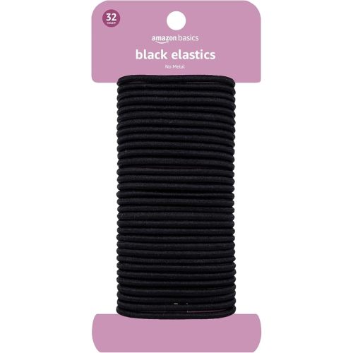 Amazon Basics Pony Tail Hair Ties - Black 4 MM Elastics for All Types, 32 Count