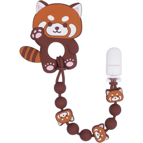 Cute Animal Baby Food Grade Silicone Teether Toy with One Piece Design Pacifier Clip Holder,Teething Pain Relief Toys Gift Set for 3 Months+ Boys and Girls,Freezer Safe,BPA Free (Red Panda)