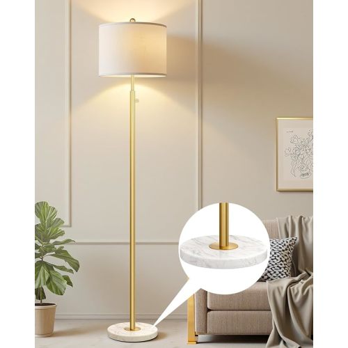【Upgraded】Dimmable Gold Floor Lamps for Living Room, 11W LED Bulb Included, Modern Standing Lamp with Marble Base, Tall Pole Light with White Linen Shade for Bedroom Reading Office Corner Nursery