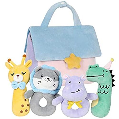 TILLYOU 4 PCS Soft Baby Rattle for Newborns, Plush Stuffed Animals, Rattle Shaker Set for Infants, Shower Gifts for Girls, Boys, Shaker & Teether Toys for 3 6 9 12 Months (House Set)