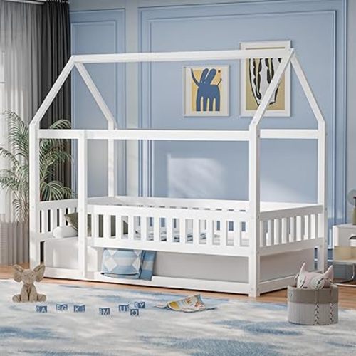 House Floor Bed Twin Size, Wood Montessori Floor Bed with High Fence, Multifunctional House Montessori for Boys & Girls, No Weight Limit, Easy Assembly, White