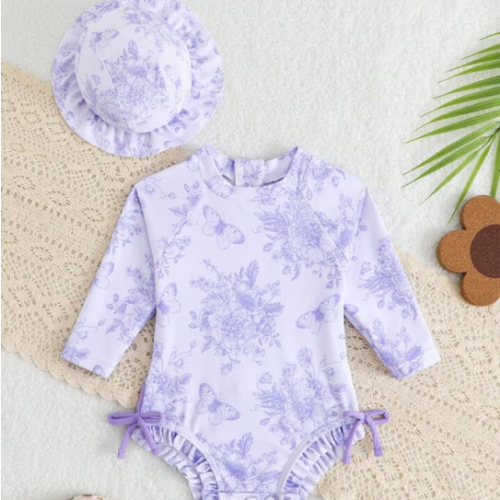 SHEIN Newborn Baby Girls Cute Floral Print Ruffled Long Sleeve Swimsuit With Swim Cap, Suitable For Summer Beach Holiday | SHEIN USA
