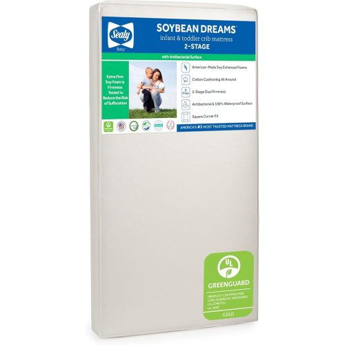 Sealy Soybean Dream Antibacterial 2-Stage Dual Firmness Waterproof Baby Crib Mattress & Toddler Bed Mattress, Extra Firm Plus Memory Foam Crib Mattress, Certified Non-Toxic, Made in USA, 52” x 27.5”