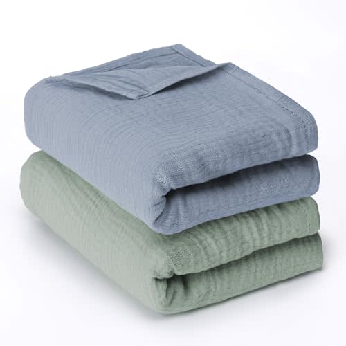 haakaa Muslin Swaddle Blankets for Newborns, 100% Cotton, 2-Pack | Double-Layer, Soft and Breathable Receiving Blankets, Large 47 x 47 in, Seafoam and Mist Blue