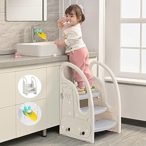 Toddler 3 Step Stool Onasti Kids Standing Tower for Toddlers Plastic Learning Helper Stool for Kitchen Counter Bathroom Sink Toilet Potty Training with Handles and Non-Slip Pads-Grey White