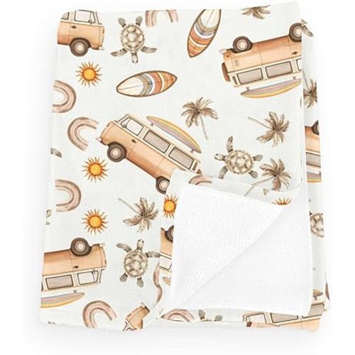 Vintage Turtle Surfboard Car Rainbow Baby Blanket Girls Boys Boho Sun Palm Trees Flannel Fluffy Blanket for Newborn Infant Toddler Nursery Sea Ocean Beach Surfing Blankets Retro 30x40inch