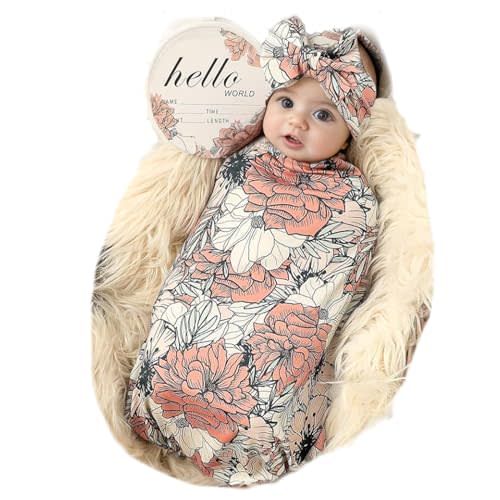 Galabloomer Newborn Receiving Blanket Headband Set Baby Flower Swaddle (cocal Almond)