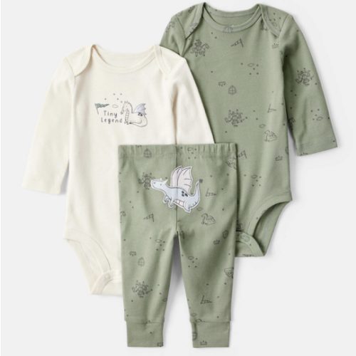 Baby Boy Dragon Print Cotton Long-Sleeve Bodysuit & Pant Set - Green/White | Carter's