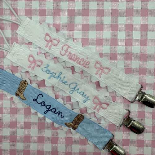 Monogrammed Pacifier Clip | bow Personalized Scallop embroidered paci holder| Baby bib clip with ricrac trim | baby gift personalized