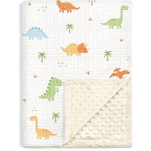 Dinosaur Baby Blankets for Boys, Soft Nursery Minky Blankets with Muslin and Dotted Fleece Back 30x40 inches, Receiving Bed Quilt for Newborn, Infants, Toddlers