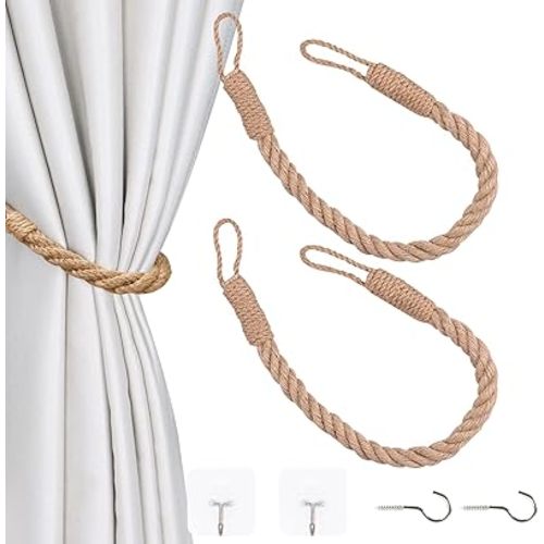 OCIOLI 2 Pieces Curtain Tiebacks Curtain Holdbacks Curtain Ties with Twisted Hemp Rope Decorative Handmade Tie Backs Curtain Holders Curtain Tie Backs for Curtains (Khaki, 2)