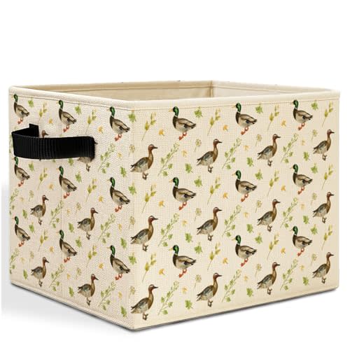 Mallard Duck Botanical Storage Bins Box with Handles, Rustic Wild Duck Laundry Basket Hamper Collapsible Clothes Toys Organizer for Kids Boys Room Nursery Playroom Bathroom