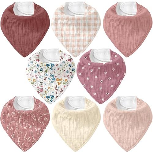 CIVARUA KIDS 8-Pack Muslin Baby Bandana Bibs | Super Absorbent Cotton Drool Bibs, Nickel-Free Snaps, Teething & Registry Gift for Newborn Boys Girls 0-36 Months Burgundy floral