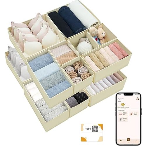 12 Pack Drawer Organizer for Clothes with Smart Labels,Foldable Fabric Underwear Organizer Sock Organizer Dresser Drawer Organizers Bins and Storage with Zipper for Nursery,Clothing(Beige)
