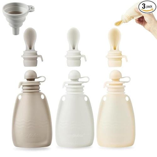 PandaEar 3 Pack Silicone Baby Food Pouches, Reusable Squeeze Pouches for Toddler with 3 Silicone Puree Feeder Spoon, BPA-Free Silicone Refillable Infant Food Storage, 5 oz (Light Tan&Walnut&Grey)