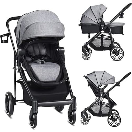 INFANS 2 in 1 Baby Stroller, High Landscape Infant Stroller & Reversible Bassinet Pram, Foldable Pushchair with Adjustable Canopy, Cup Holder, Storage Basket, Suspension Wheels (Volcanic Ash)