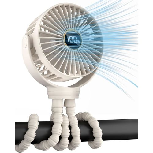 Stroller Fan, Portable Fan, Battery Powered Baby Clip On Fans, 3 Speeds Personal Cooling Fan with Rotatable Handheld for Car Seat Crib Bike Treadmill, Beige-white