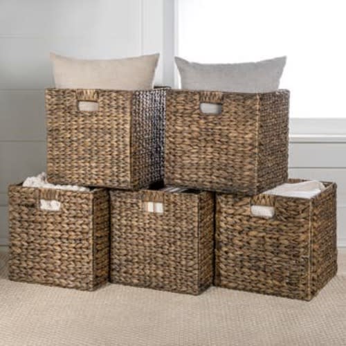 Bryce Classic Farmhouse Handwoven Hyacinth Collapsible Storage Cube Baskets with Handles,