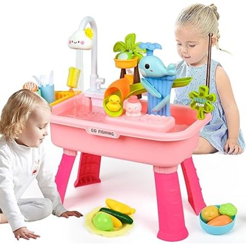 Upgraded Toddler Sand Water Table Toy with Electric Water Pump, Kids Sand Water with Faucet/Play Food Accessories/Fishing Toy, Kitchen Play Sink Toys for Girl Boy Age 3+ (Pink)