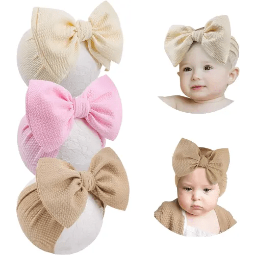 YanJie 3PCS 7'' Big Bows Baby Girls Headbands Soft Stretchy Newborn Bows Infant Baby Hair Bows Toddler Headwrap Hair Accessories Khaki Beige Light Pink