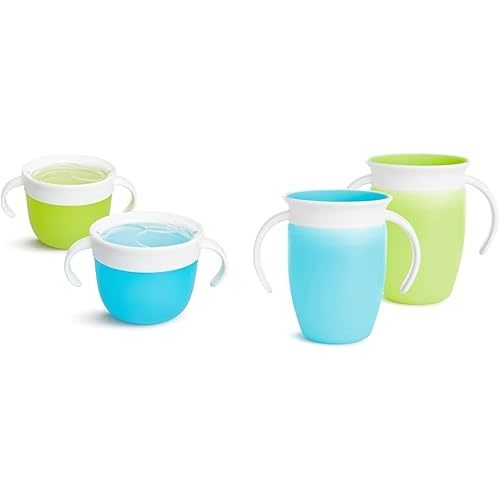 Munchkin® Snack™ Catcher Toddler Snack Cups, 2 Pack, Blue/Green & Miracle® 360 Trainer Sippy Cup with Handles, Spill Proof, 7 Ounce, 2 Pack, Green/Blue