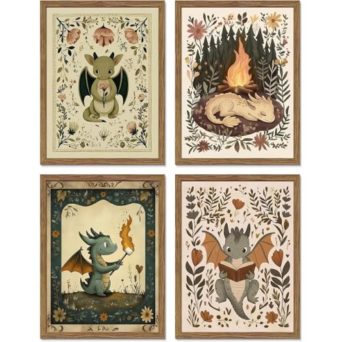 Set of 4 Baby Dragon Wall Art 10x8 Framed