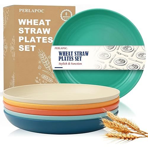 Wheat Straw Plates, 9 in Deep Dinner Plates Set of 6, Alternative Plastic Plates Reusable, Unbreakable Microwave and Dishwasher Safe Kids Plate for Kitchen, Camping, Multi