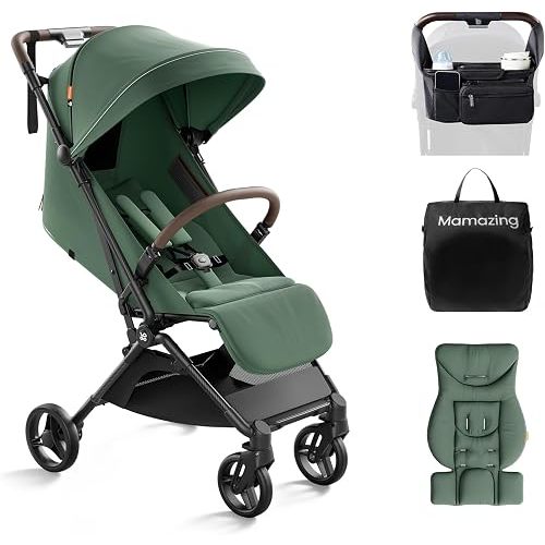 MAMAZING Ultra Air Lightweight Baby Travel Stroller with Carbon Fiber Frame, Compact & Airplane-Friendly, One-Handed Fold, 11.6 lbs, Perfect for Toddlers, Organizer & Cushion Included, Green